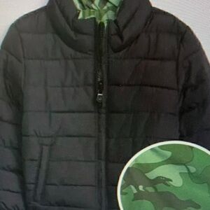 Kids Black Puffer Jacket with Green Camo Lining